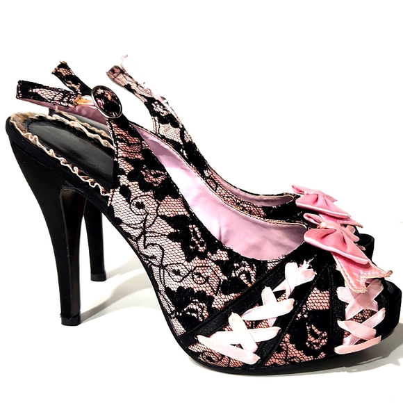 Bettie Page Shoes - Bettie Page Slingback Peep Toe Platform Stiletto Black Lace Pink Satin 8 NEW